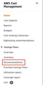 AWS Savings Plans recommendations menu