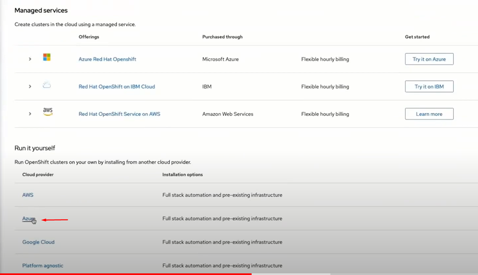 The Red Hat management console displays several options for deploying OpenShift on different IaaS platforms.