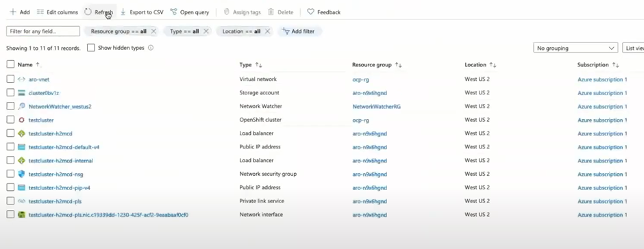 Resources displayed in the Azure portal.