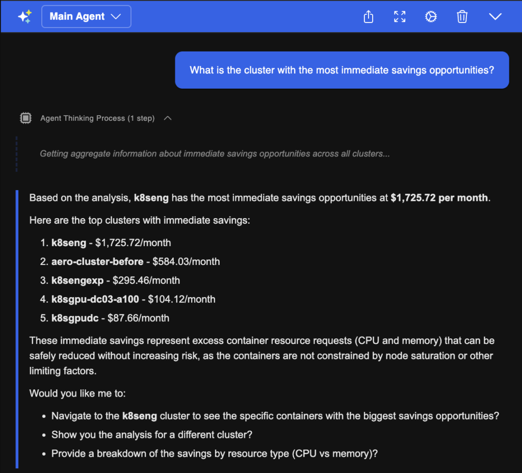 An example of the Kubex AI Agent returning recommendation context: consumption data, analysis window, and justification for a specific container